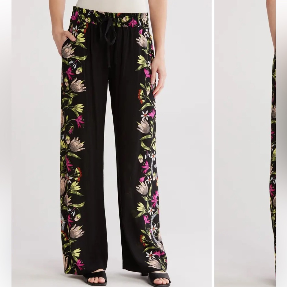 T Tahari Lightweight Rayon Drawstring Wide Leg Pants Black Floral Background, M